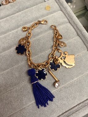 Gold-Tone Charm Bracelet with Navy Tassel